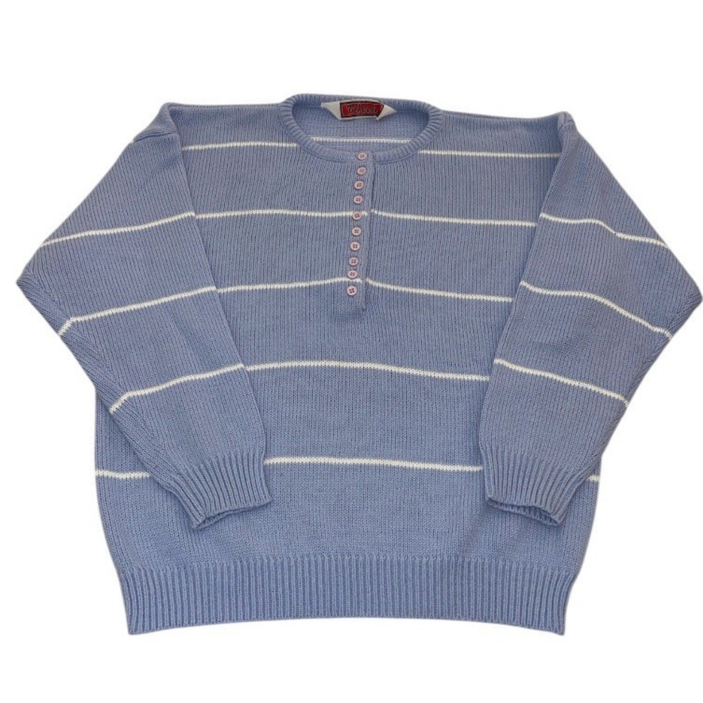 Vintage Knit Henley Sweater Purple Striped Womens  Large Pullover USA Grannycore